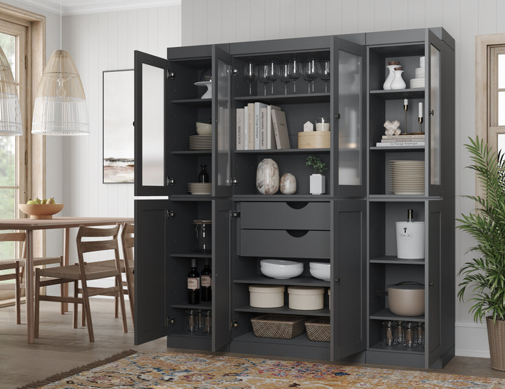 Gray 65" Solid Wood Kitchen Pantry Cabinet with Frosted Glass & Shaker Doors & 2 Drawers