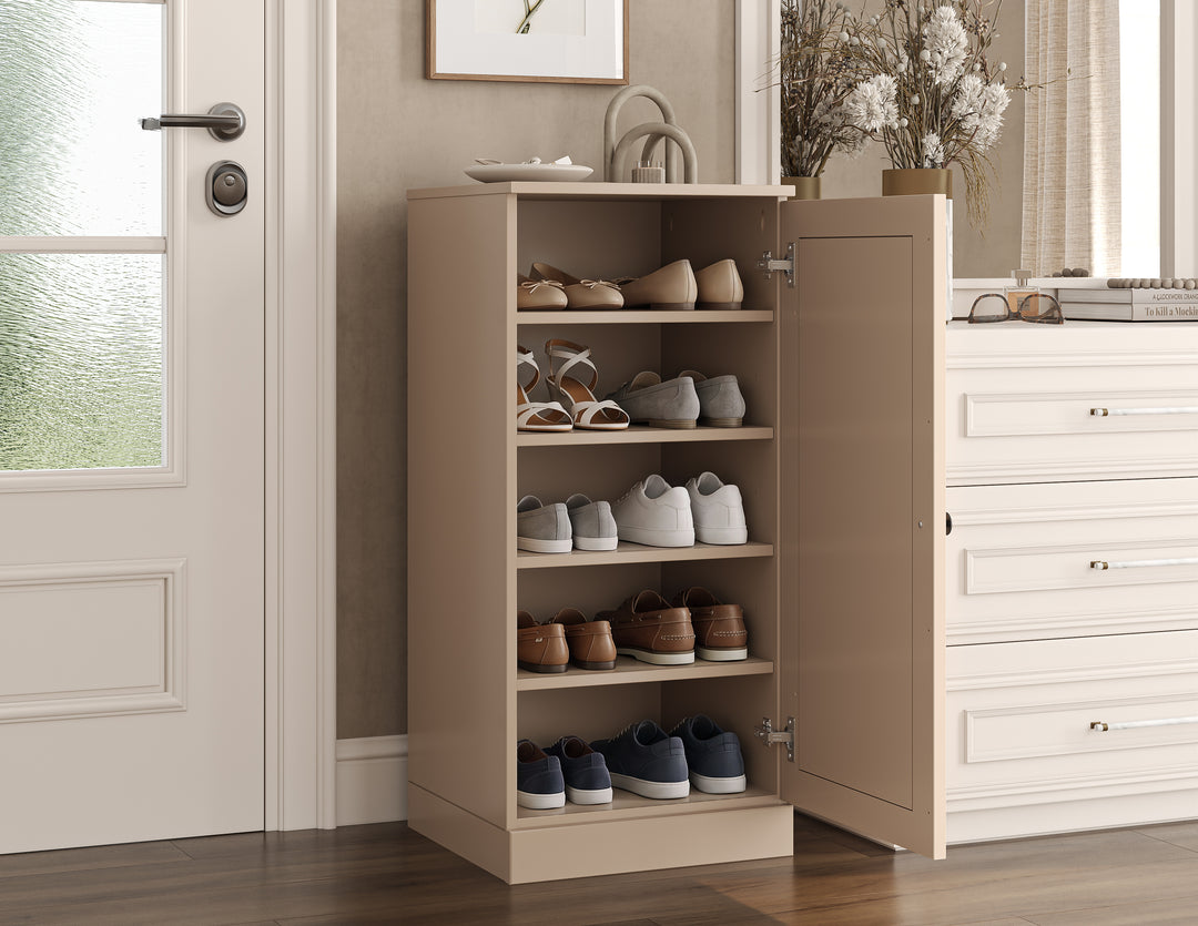 100% Solid Wood Narrow Shoe Storage Cabinet with Raised Panel Door, Adjustable Shelves, Space Saving Stackable Organizer, 16.5" W x 35.75" H