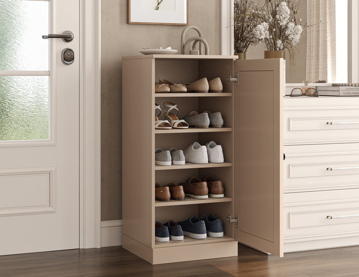 100% Solid Wood Narrow Shoe Storage Cabinet with Raised Panel Door, Adjustable Shelves, Space Saving Stackable Organizer, 16.5" W x 35.75" H
