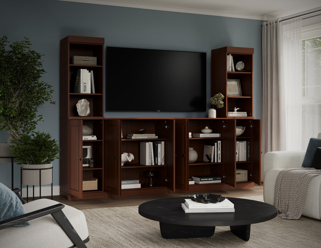 100% Solid Wood 6-Piece Entertainment Center Wall Unit with Storage, Open Cabinets & Raised Panel Doors, Adjustable Shelves, 97" W x 71.5" H