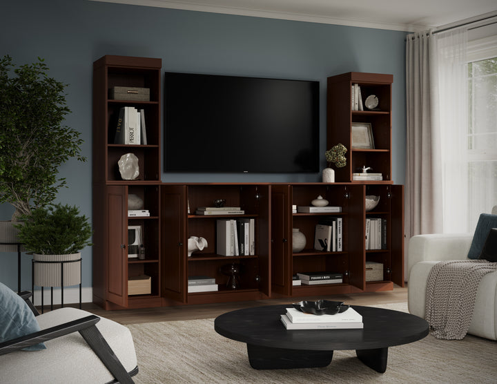 100% Solid Wood 6-Piece Entertainment Center Wall Unit with Storage, Open Cabinets & Raised Panel Doors, Adjustable Shelves, 97" W x 71.5" H
