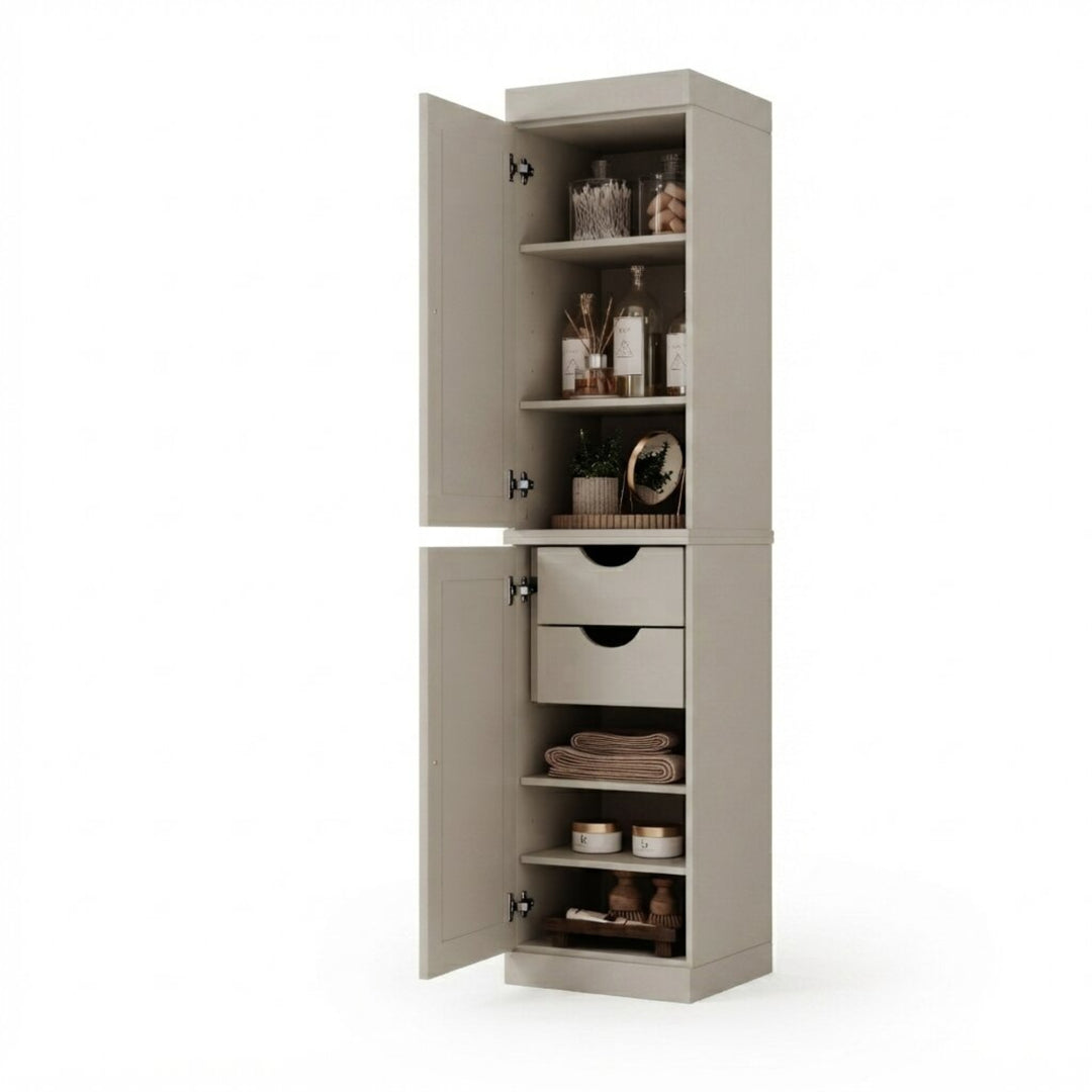 100% Solid Wood Bathroom Storage Cabinet, Raised Panel Doors, 2 Drawers, Adjustable Shelves, 16.5" Wide, 71.5" Tall
