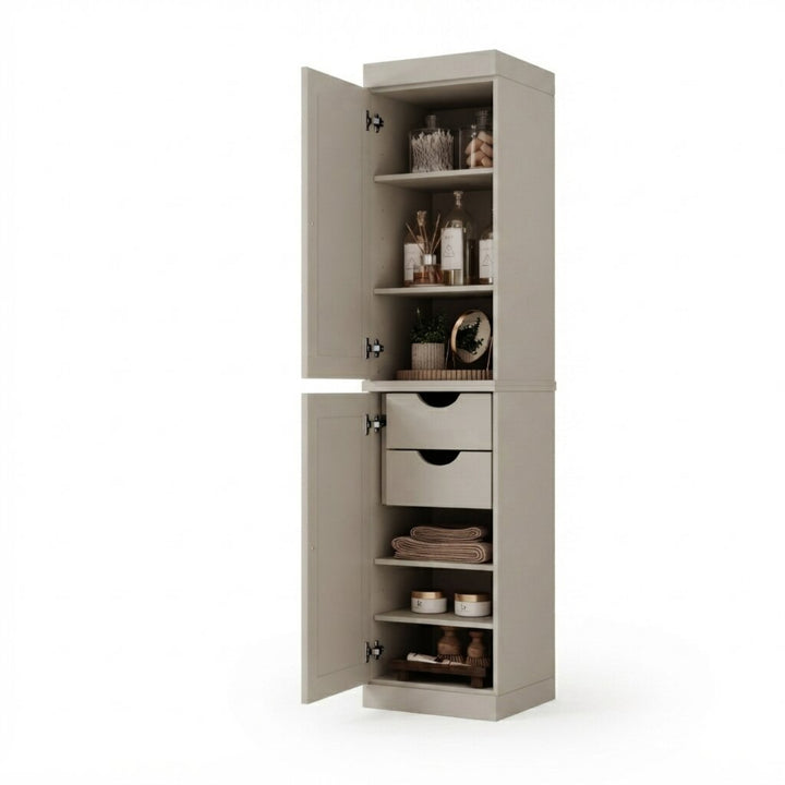 100% Solid Wood Bathroom Storage Cabinet, Raised Panel Doors, 2 Drawers, Adjustable Shelves, 16.5" Wide, 71.5" Tall