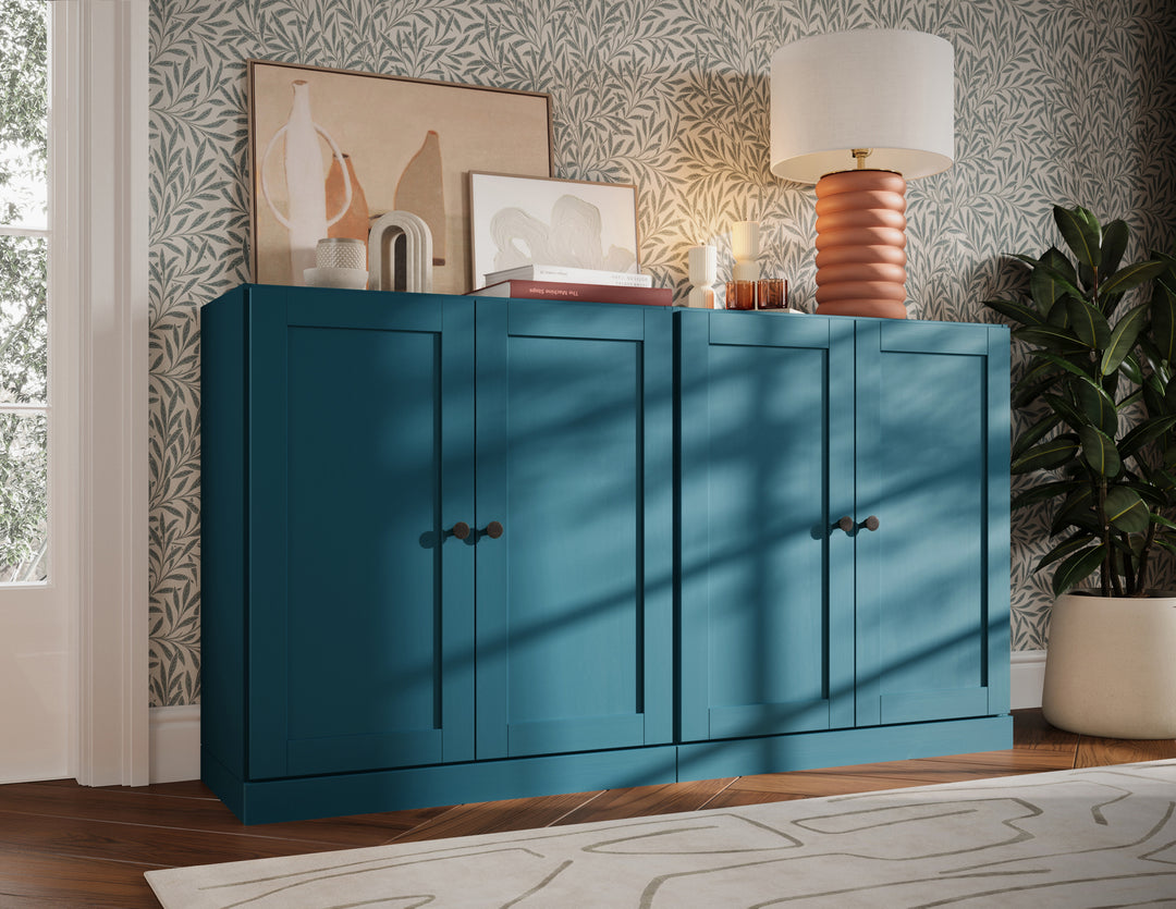 100% Solid Brazilian Pine Wood Sideboard, Shaker Doors, Adjustable Shelves, 64" Wide, 35.75" Tall