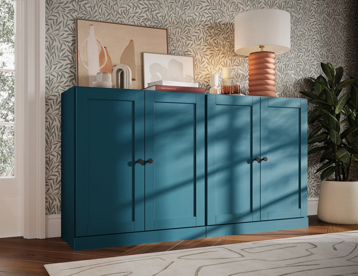 100% Solid Brazilian Pine Wood Sideboard, Shaker Doors, Adjustable Shelves, 64" Wide, 35.75" Tall