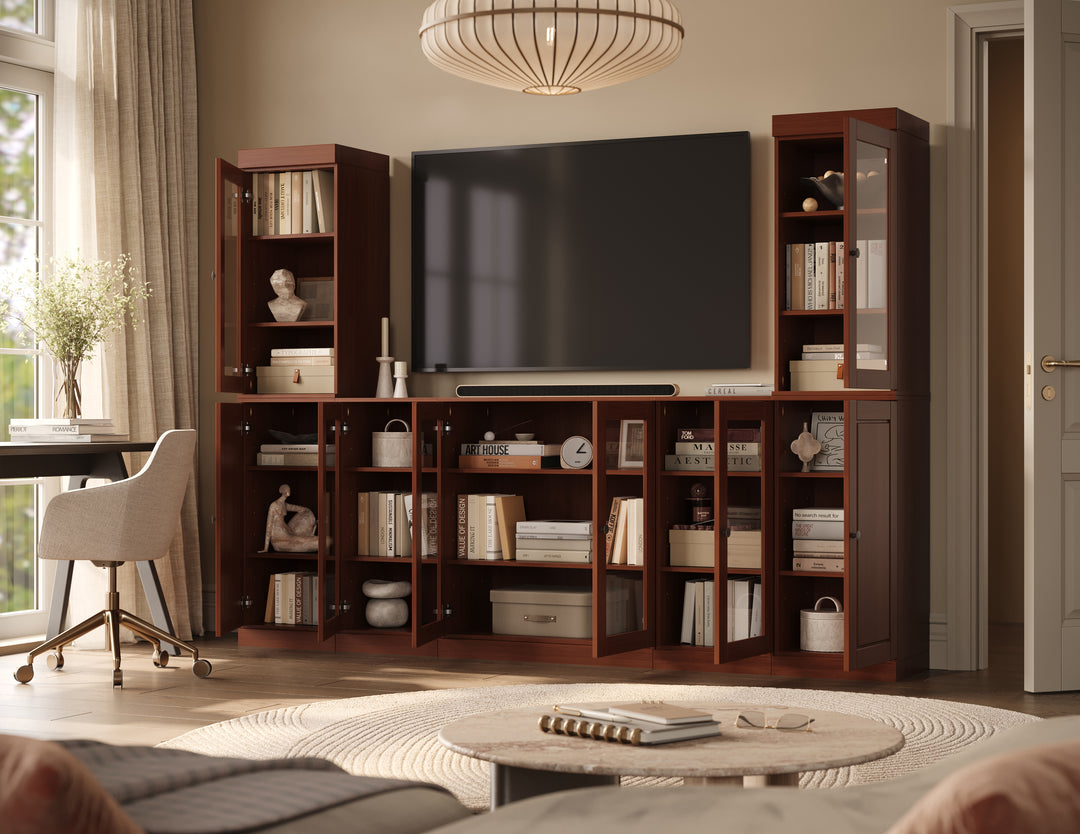 100% Solid Wood 7-Piece Entertainment Center Wall Unit with Storage, Glass & Raised Panel Doors, Adjustable Shelves, 98" W x 71.5" H