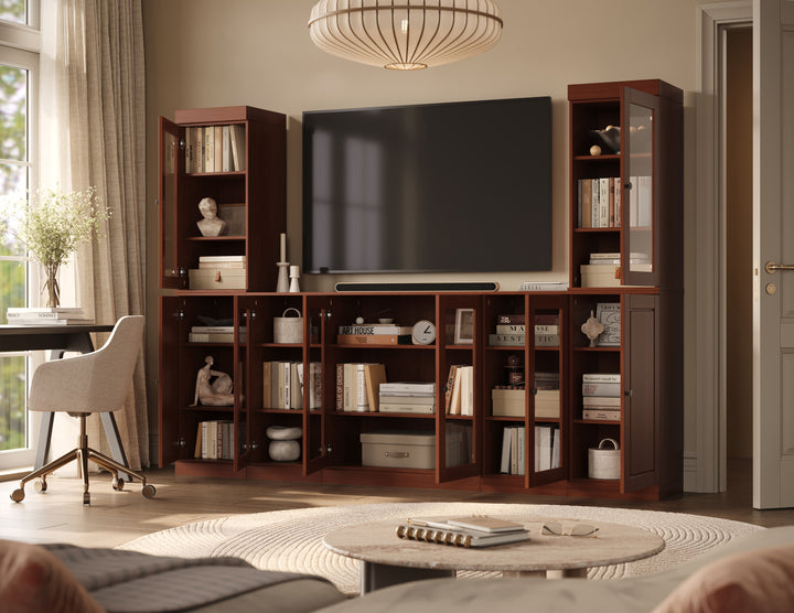 100% Solid Wood 7-Piece Entertainment Center Wall Unit with Storage, Glass & Raised Panel Doors, Adjustable Shelves, 98" W x 71.5" H