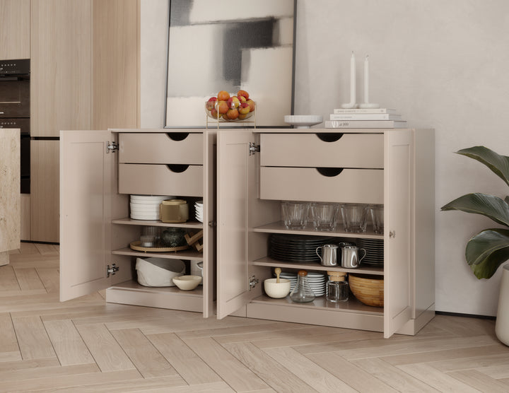 100% Solid Brazilian Pine Wood 64" Sideboard with Shaker Doors, 4-Drawers and Adjustable Shelves