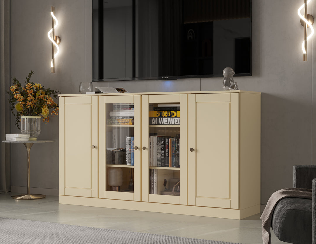 100% Solid Wood TV Stand for TVs up to 65" with Clear Glass, Raised Panel Doors, Adjustable Shelves