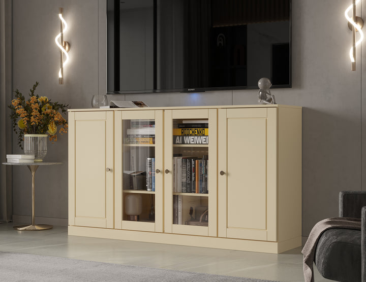 100% Solid Wood TV Stand for TVs up to 65" with Clear Glass, Raised Panel Doors, Adjustable Shelves