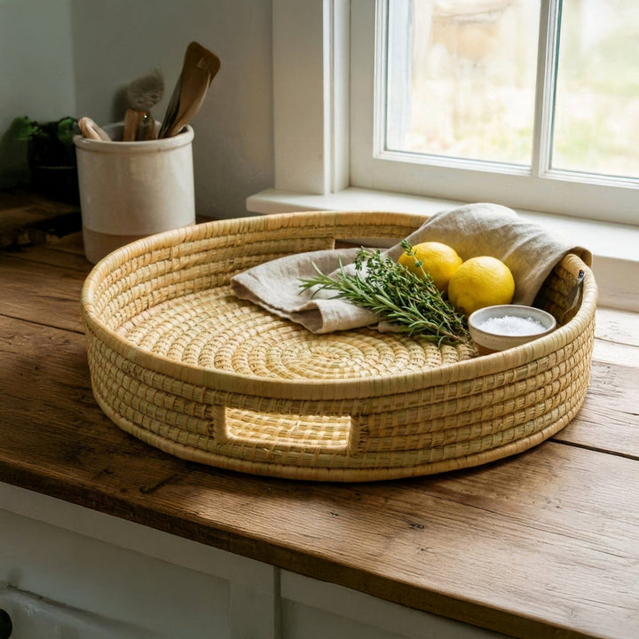 100% Handwoven Natural Rattan 17.5" Round Serving Tray, Boho Farmhouse Kitchen, Dining & Home Decor, Handcrafted – Authentic African Craftsmanship, Trays - Palace Imports