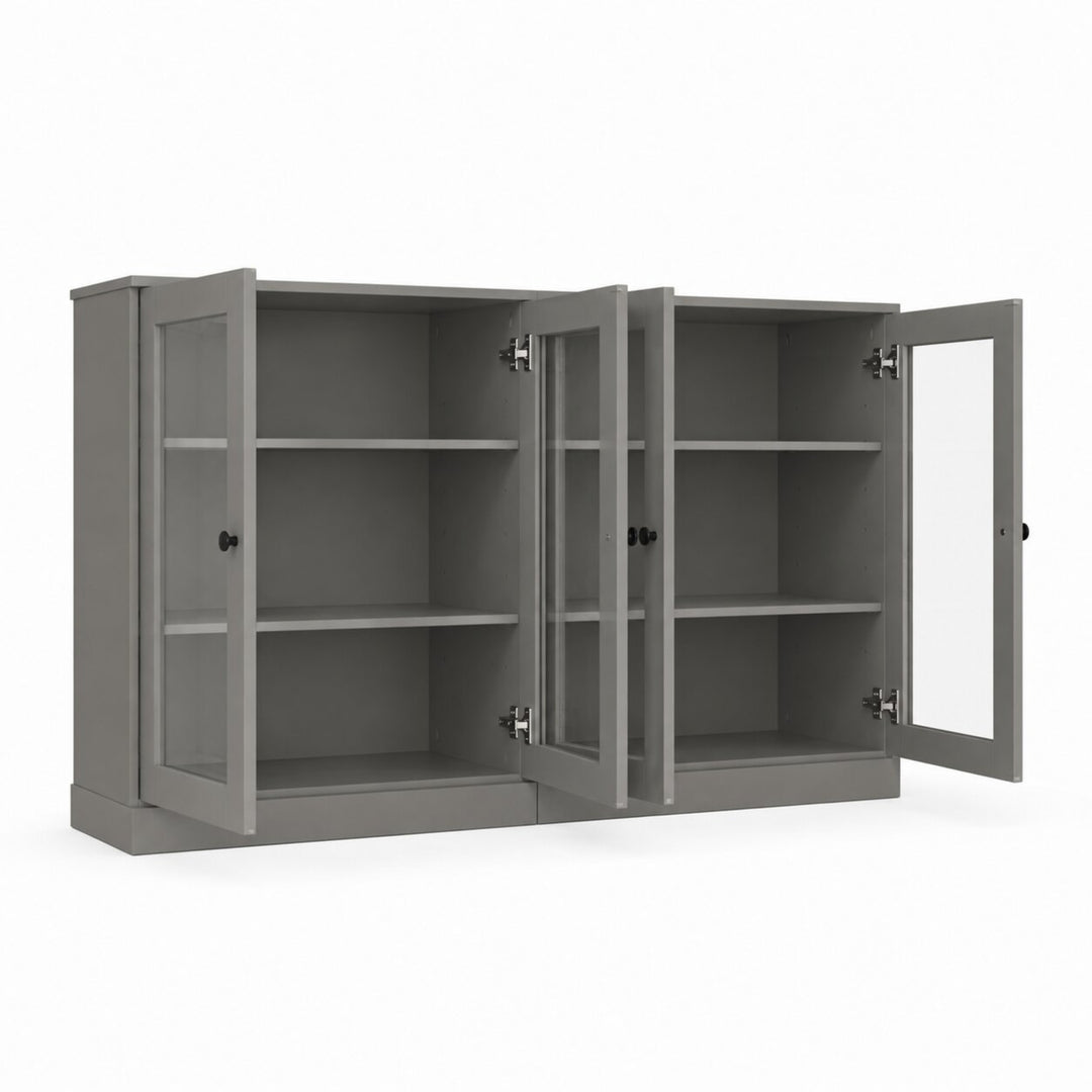 100% Solid Wood TV Stand, 64" Wide TV Console with Glass Doors & Storage