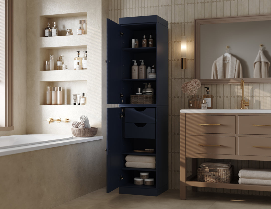 100% Solid Wood Bathroom Storage Cabinet, Raised Panel Doors, 2 Drawers, Adjustable Shelves, 16.5" Wide, 71.5" Tall
