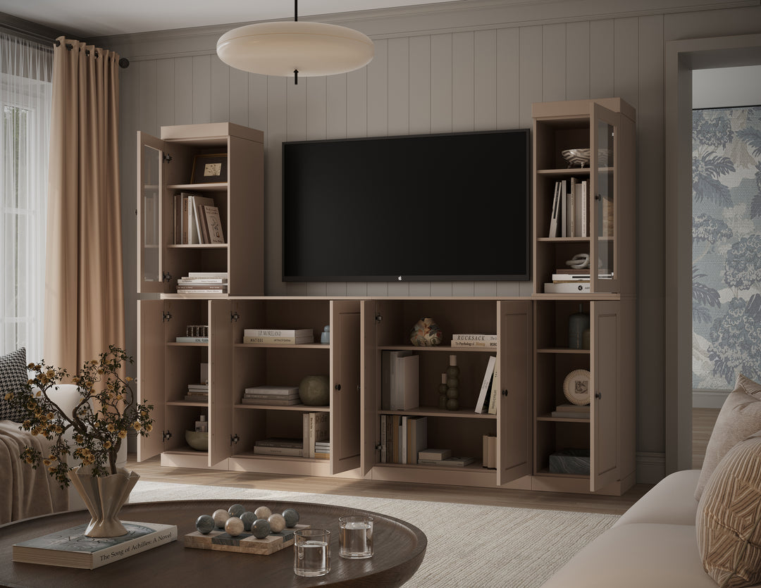 100% Solid Wood 6-Piece Entertainment Center Wall Unit with Storage, Glass & Raised Panel Doors, Adjustable Shelves, 97" W x 71.5" H