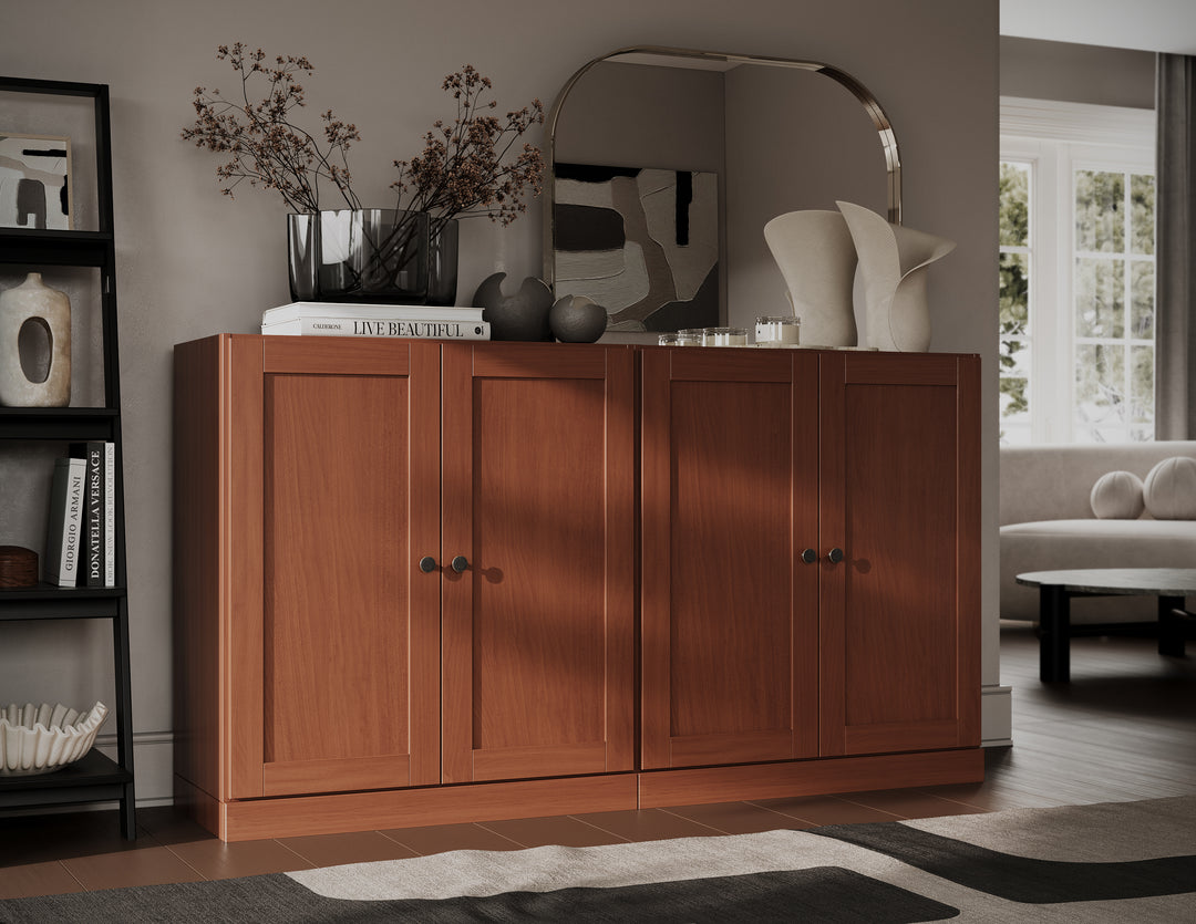 100% Solid Brazilian Pine Wood Sideboard, Shaker Doors, Adjustable Shelves, 64" Wide, 35.75" Tall