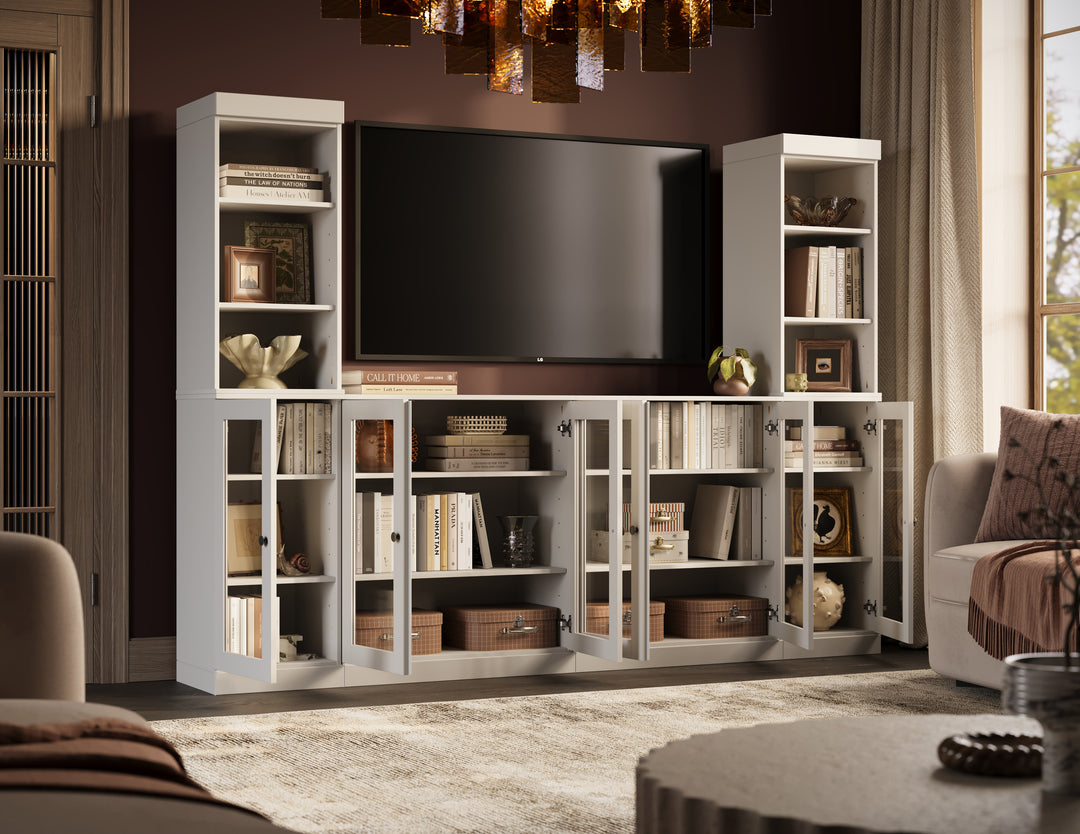 100% Solid Wood 6-Piece Entertainment Center Wall Unit with Storage, Open Cabinets & Glass Doors, Adjustable Shelves, 97" W x 71.5" H