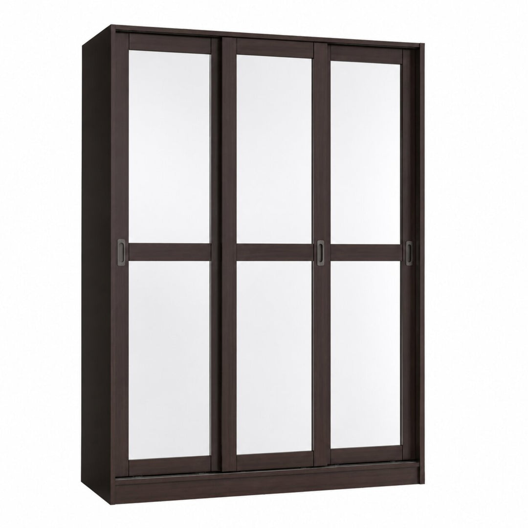A three-panel sliding door wardrobe or cabinet with a dark brown wood finish and mirrored door panels, shown on a plain white background.