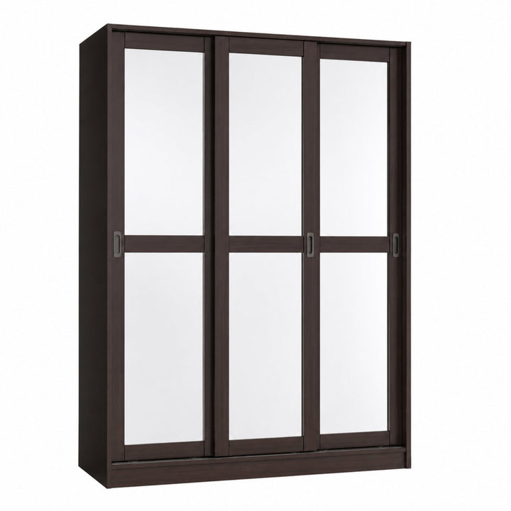 A three-panel sliding door wardrobe or cabinet with a dark brown wood finish and mirrored door panels, shown on a plain white background.