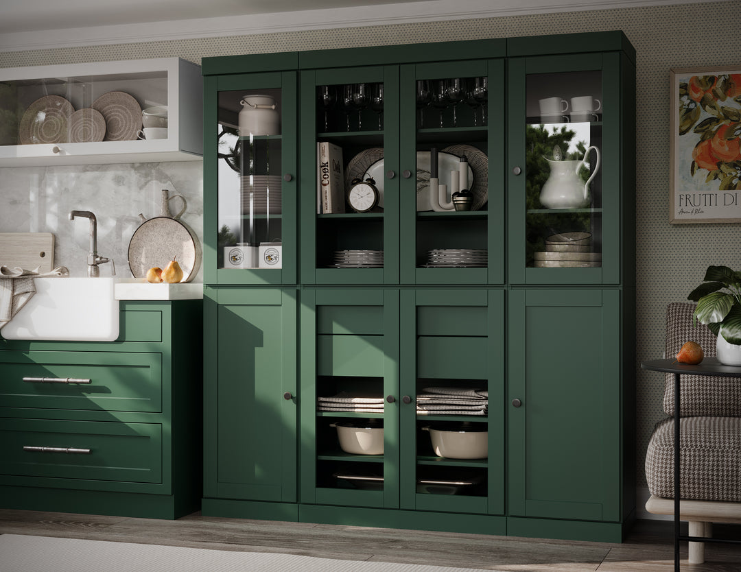 100% Solid Wood 65" China Pantry Cabinet, 6 Glass, 2 Shaker Wood Doors, 2 Drawers