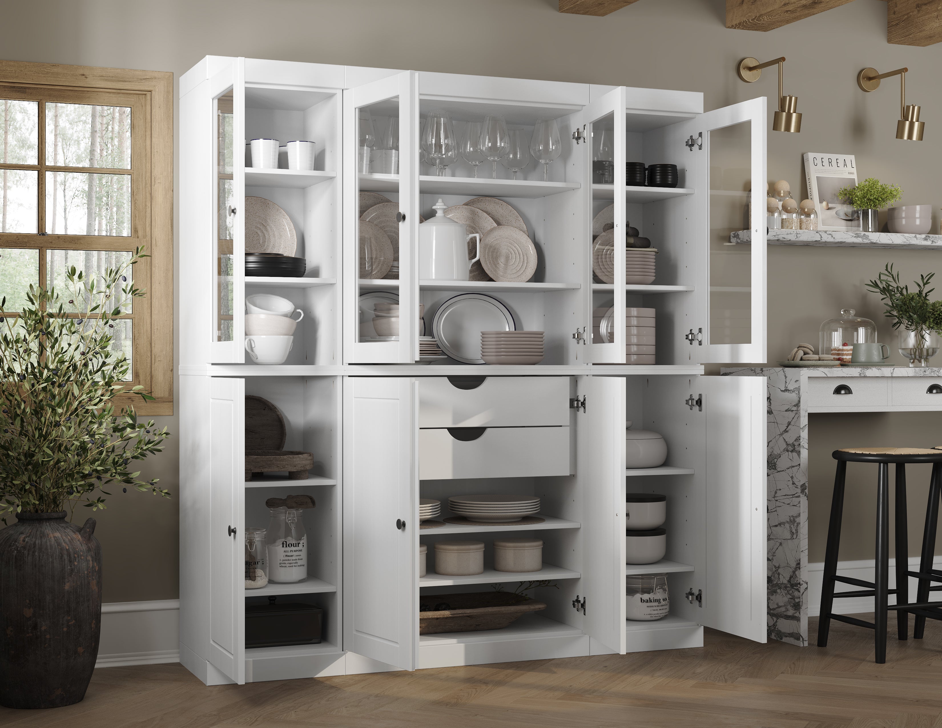 Solid Wood Pantry Cabinet Tall Glass Doors And Drawers – Palace