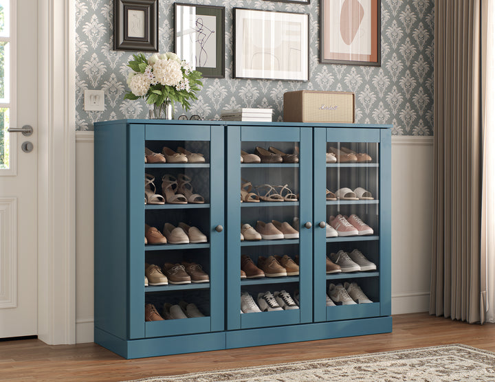 100% Solid Wood Glass Door Shoe Storage Cabinet, Adjustable Shelves, Space Saving Modular Entryway Organizer, 48.5" W x 35.75" H