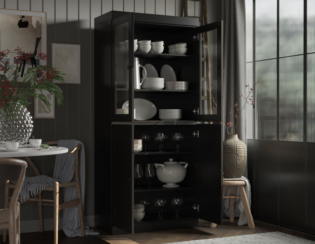 100% Solid Wood 32" Pantry Cabinet, 2 Clear Glass, 2 Shaker Wood Doors