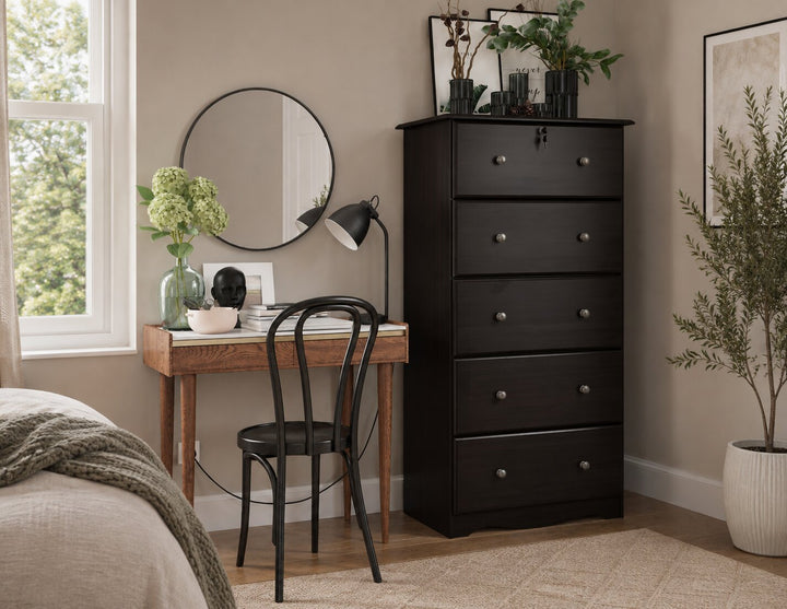 100% Solid Brazilian Pine Wood 5-Jumbo Drawer Chest in dark brown color with Lock & Metal Knobs, 5-Drawer Chests - Palace Imports