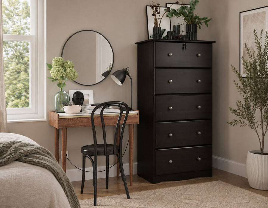 100% Solid Brazilian Pine Wood 5-Jumbo Drawer Chest in dark brown color with Lock & Metal Knobs, 5-Drawer Chests - Palace Imports