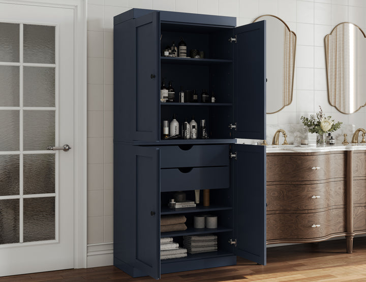 100% Solid Brazilian Pine Wood Bathroom Storage Cabinet, Shaker Doors, 2 Drawers, Adjustable Shelves, 32" Wide, 71.5" Tall