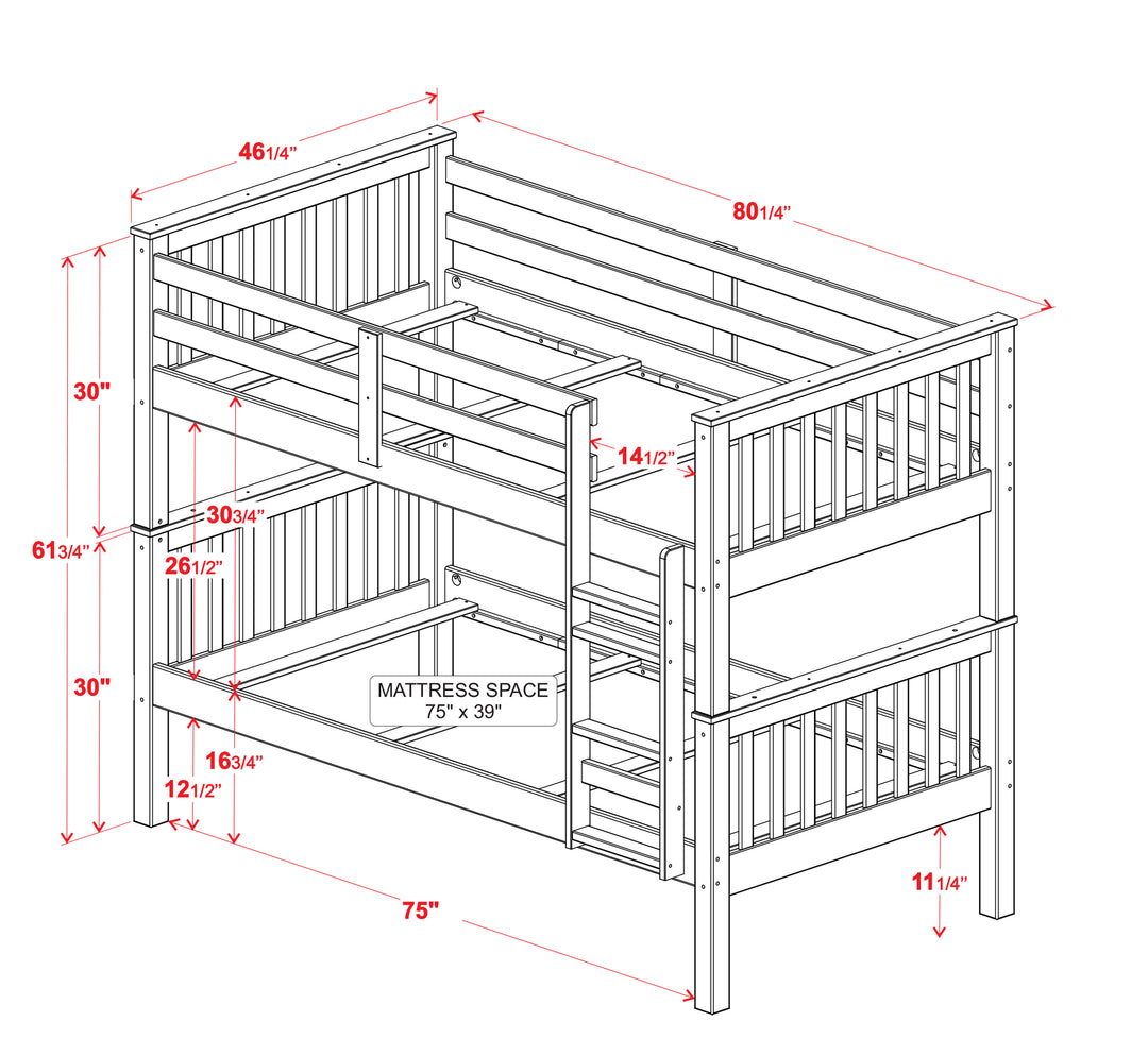 100% Solid Wood Twin Over Twin Bunk Bed with Ladder, Guardrails & Convertible 2 Twin Beds – Mission Collection