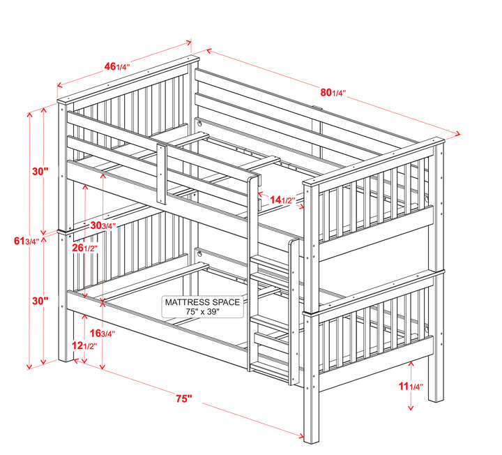 100% Solid Wood Twin Over Twin Bunk Bed with Ladder, Guardrails & Convertible 2 Twin Beds – Mission Collection
