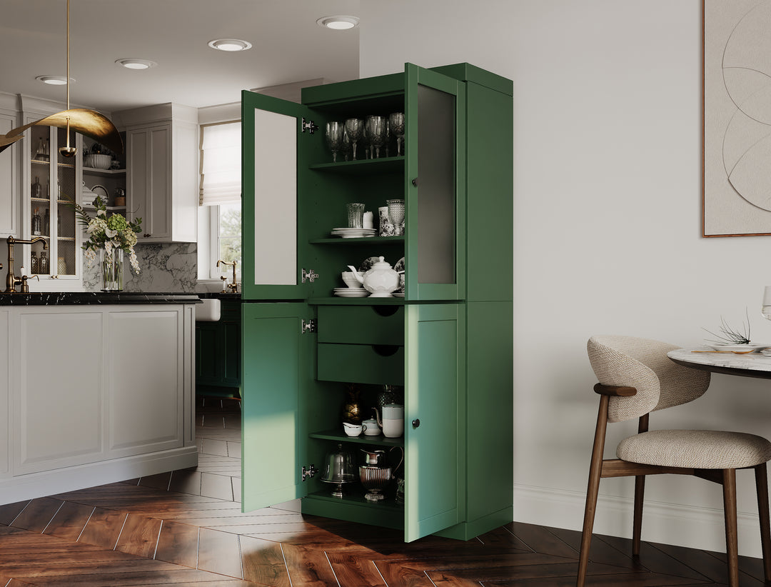 100% Solid Wood 32" Pantry Cabinet, 2 Frosted Glass, 2 Shaker Wood Doors, 2-Drawers