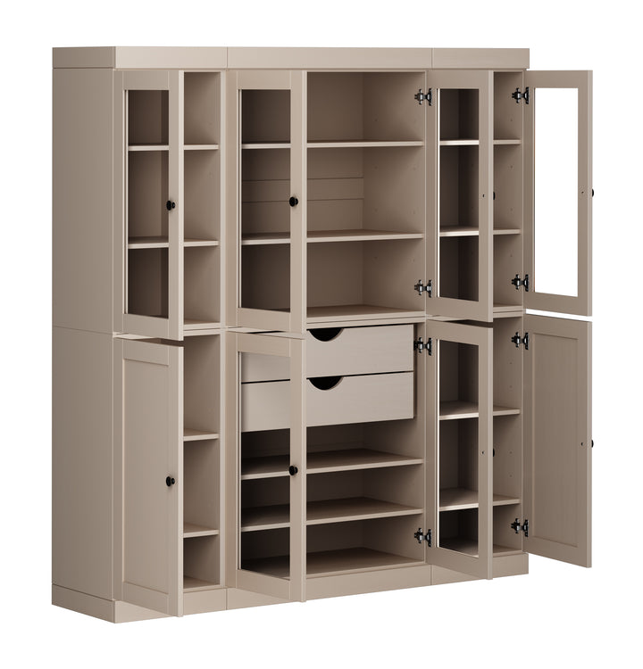 100% Solid Wood 65" China Pantry Cabinet, 6 Glass, 2 Shaker Wood Doors, 2 Drawers