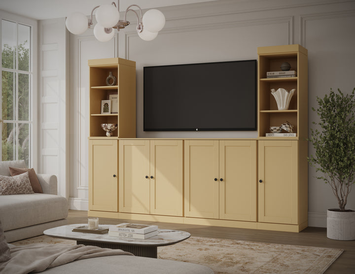 100% Solid Wood 6-Piece Entertainment Center Wall Unit with Storage, Open Cabinets & Shaker Doors, Adjustable Shelves, 97" W x 71.5" H