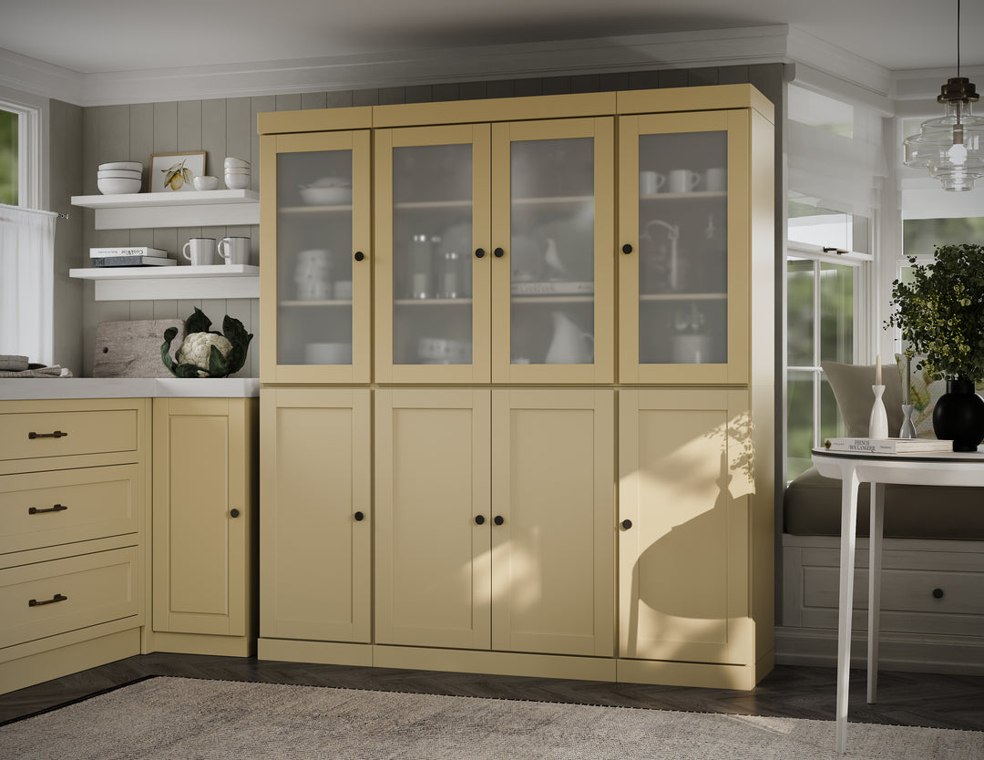 Yellow 100% Solid Wood Kitchen Pantry Cabinet, Tall Freestanding Modular Storage with Frosted Glass & Shaker Doors, Adjustable Shelves, 65" W x 71.5" H