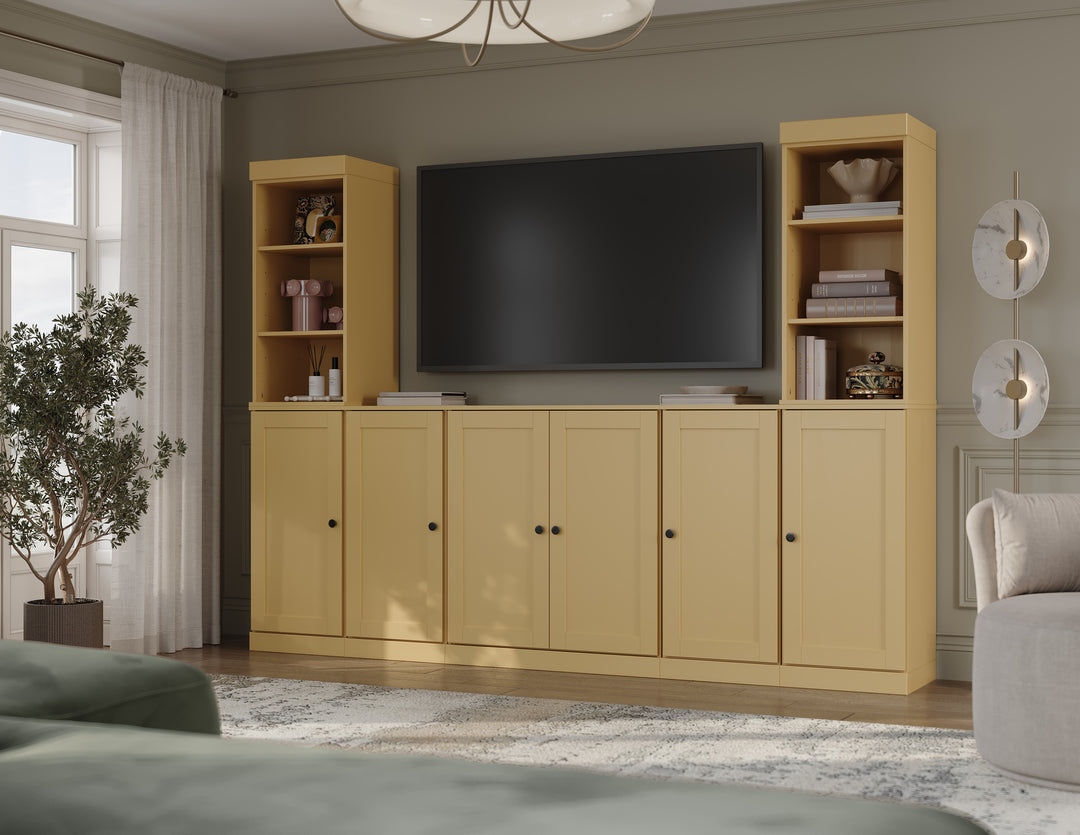 100% Solid Wood 7-Piece Entertainment Center Wall Unit with Storage, Open Cabinets & Shaker Doors, Adjustable Shelves, 98" W x 71.5" H
