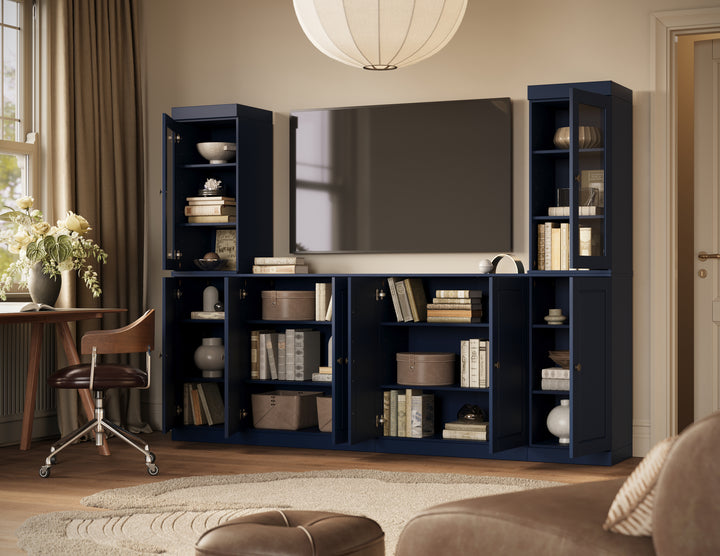 100% Solid Wood 6-Piece Entertainment Center Wall Unit with Storage, Glass & Raised Panel Doors, Adjustable Shelves, 97" W x 71.5" H