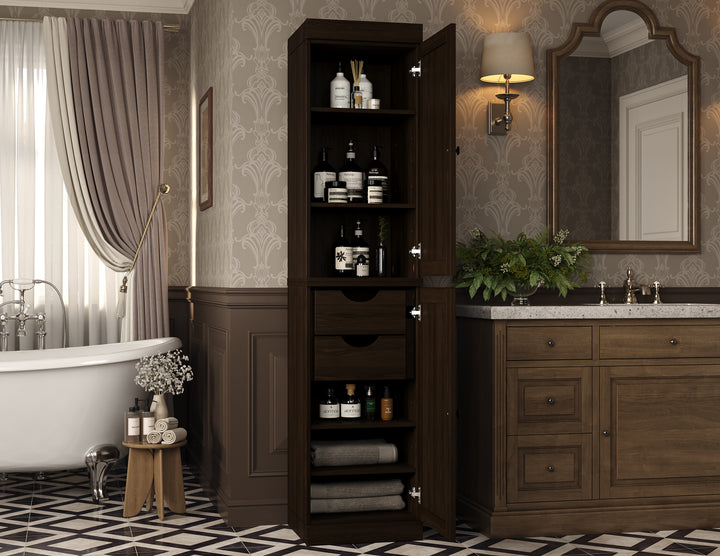 100% Solid Wood Bathroom Storage Cabinet, Shaker Doors, 2 Drawers, Adjustable Shelves, 16.5" Wide, 71.5" Tall