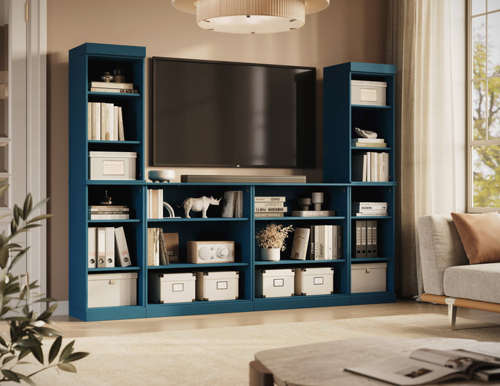 100% Solid Wood 6-Piece Entertainment Center Wall Unit with Storage, Open Cabinets, Adjustable Shelves, 97" W x 71.5" H