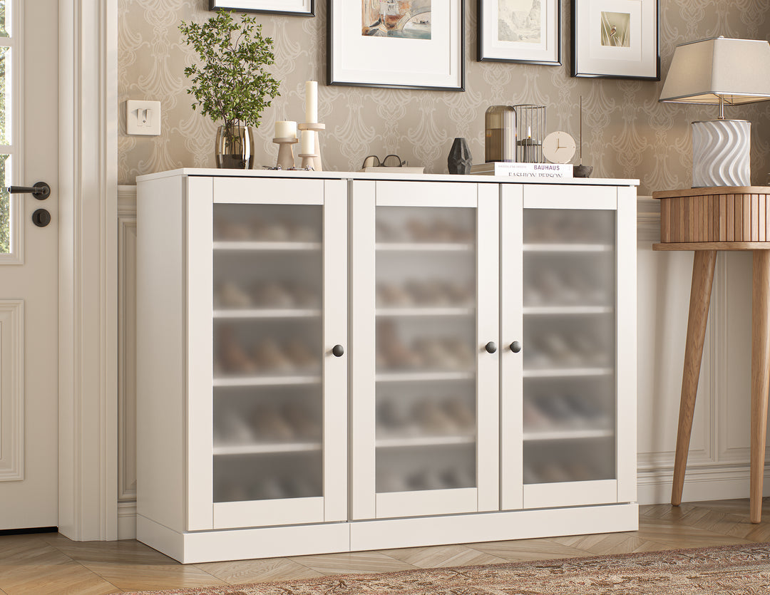 100% Solid Wood Frosted Glass Door Shoe Storage Cabinet, Adjustable Shelves, Space Saving Modular Entryway Organizer, 48.5" W x 35.75" H