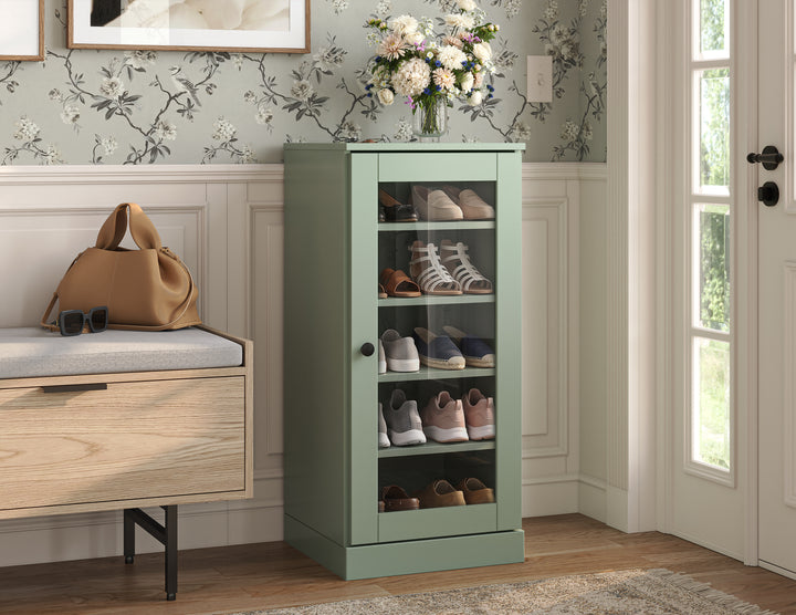 100% Solid Wood Narrow Glass Door Shoe Storage Cabinet with Adjustable Shelves, Space Saving Stackable Organizer, 16.5" W x 35.75" H