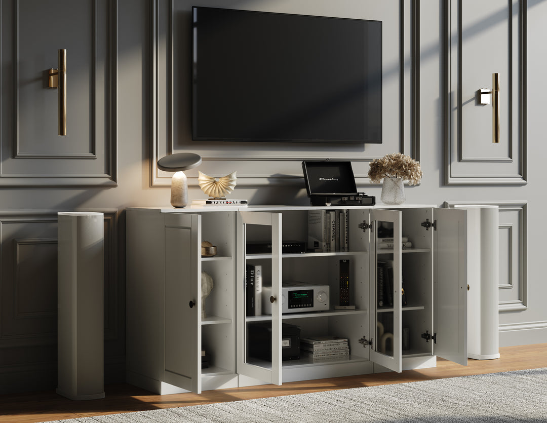 100% Solid Wood TV Stand for TVs up to 65" with Clear Glass, Raised Panel Doors, Adjustable Shelves