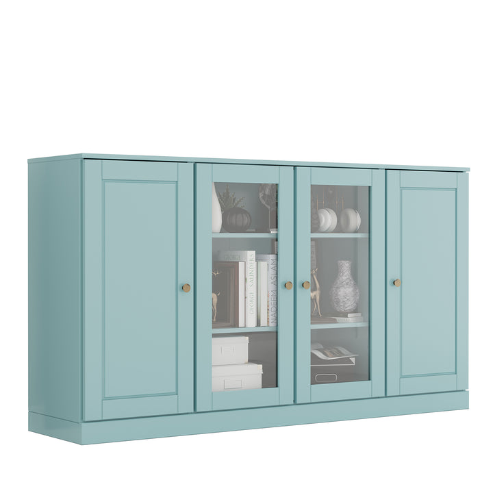 100% Solid Wood TV Stand for TVs up to 65" with Clear Glass, Raised Panel Doors, Adjustable Shelves