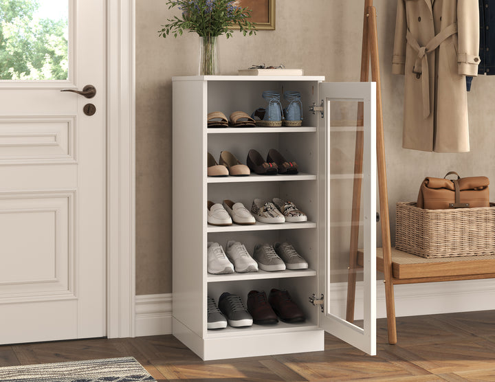 100% Solid Wood Narrow Glass Door Shoe Storage Cabinet with Adjustable Shelves, Space Saving Stackable Organizer, 16.5" W x 35.75" H