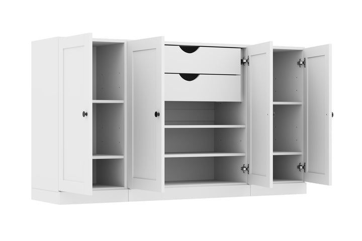 100% Solid Brazilian Pine Wood Sideboard, Shaker Doors, 2 Drawers, Adjustable Shelves, 65" Wide, 35.75" Tall