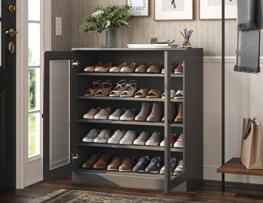100% Solid Wood Glass Door Shoe Storage Cabinet with Adjustable Shelves, Space Saving Stackable Entryway Organizer, 32" W x 35.75" H