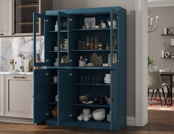100% Solid Brazilian Pine Wood Pantry China Cabinet, Shaker & Clear Glass Doors, Adjustable Shelves, 48.5" Wide, 71.5" Tall