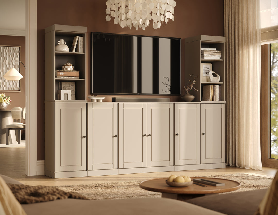 100% Solid Wood 7-Piece Entertainment Center Wall Unit with Storage, Open Cabinets & Raised Panel Doors, Adjustable Shelves, 98" W x 71.5" H