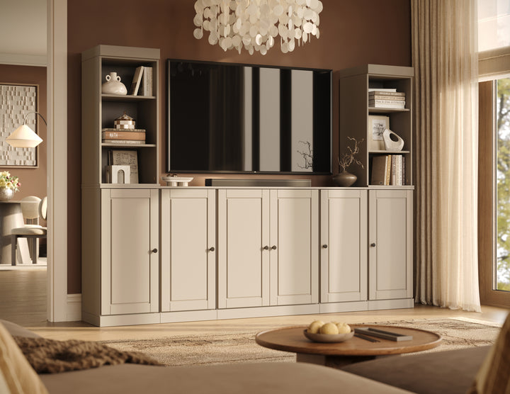 100% Solid Wood 7-Piece Entertainment Center Wall Unit with Storage, Open Cabinets & Raised Panel Doors, Adjustable Shelves, 98" W x 71.5" H