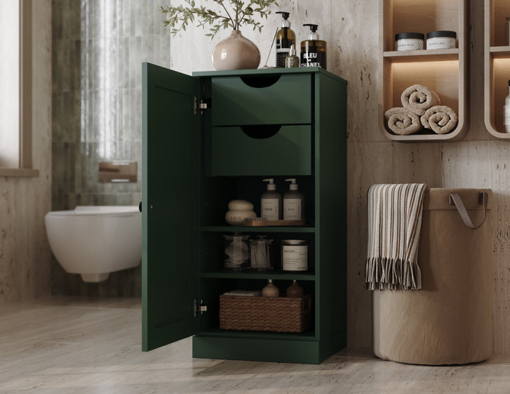 100% Solid Wood Bathroom Storage Cabinet, Raised Panel Door, 2 Drawers, Adjustable Shelves, 16.5" Wide, 35.75" Tall